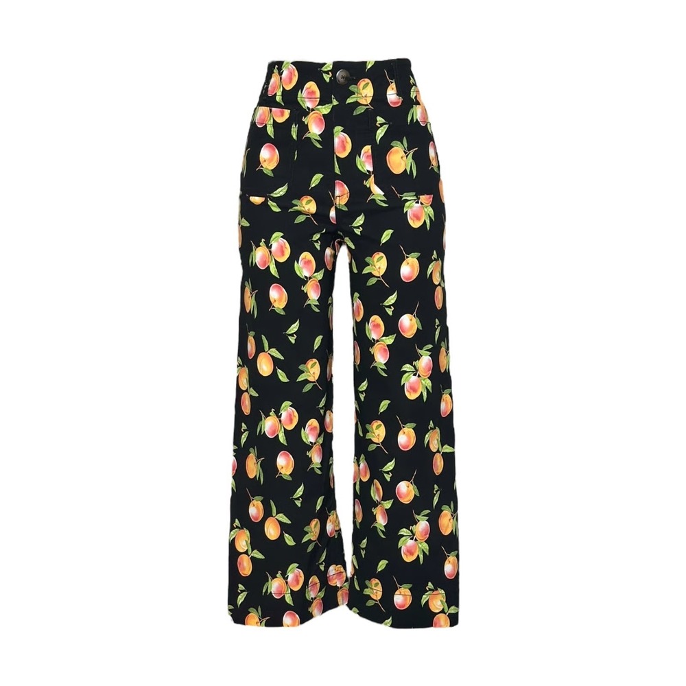 Maeve Anthropologie The Colette Peach Print Wide Leg Pants Black 27 Fruit Print